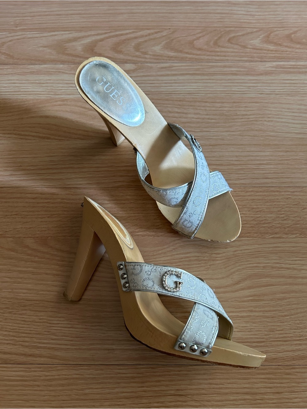 Vintage Guess Silver Logo Wooden Heels Size 7
